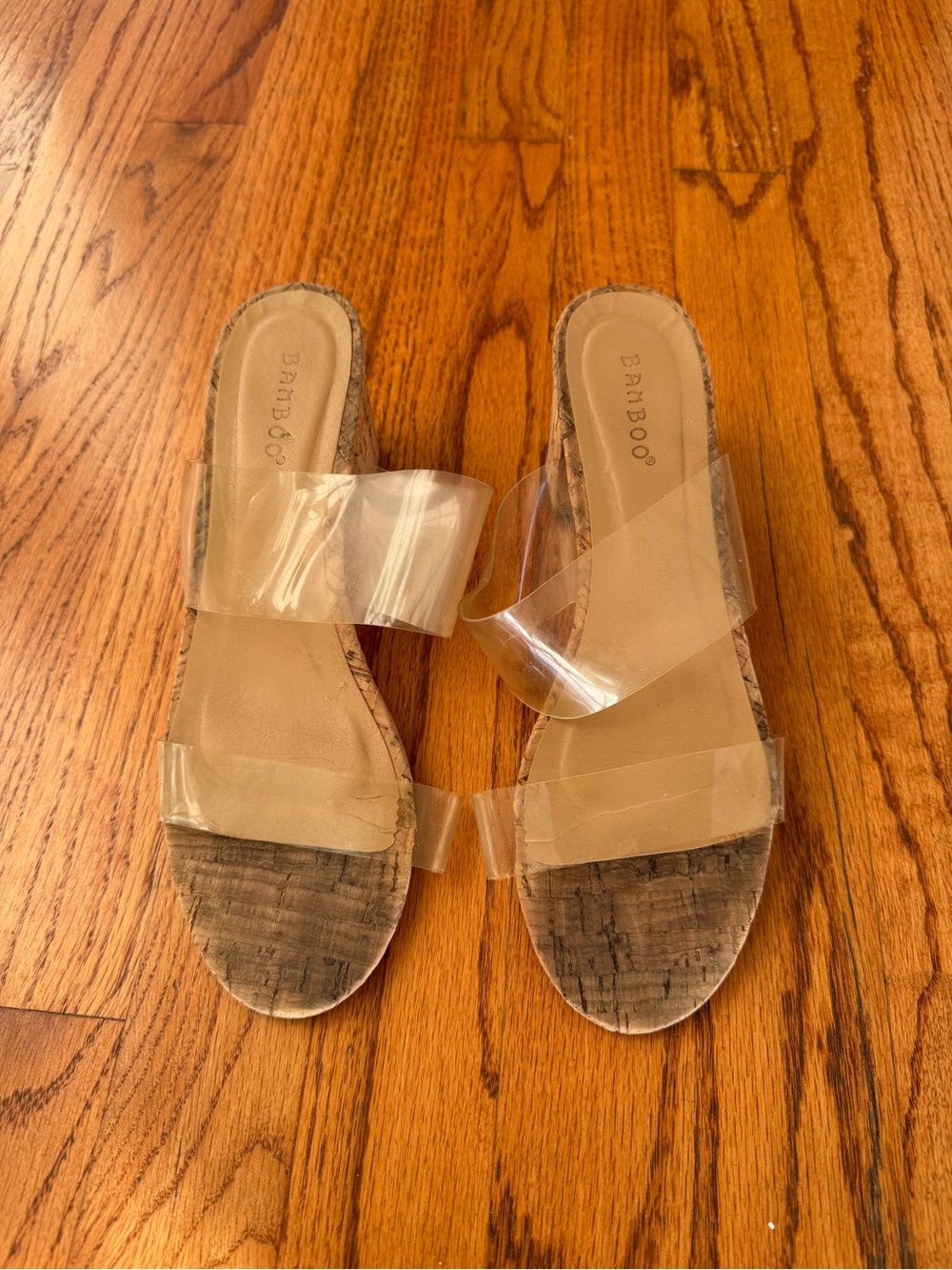 BAMBOO Clear Strap Slide Sandals in Tan